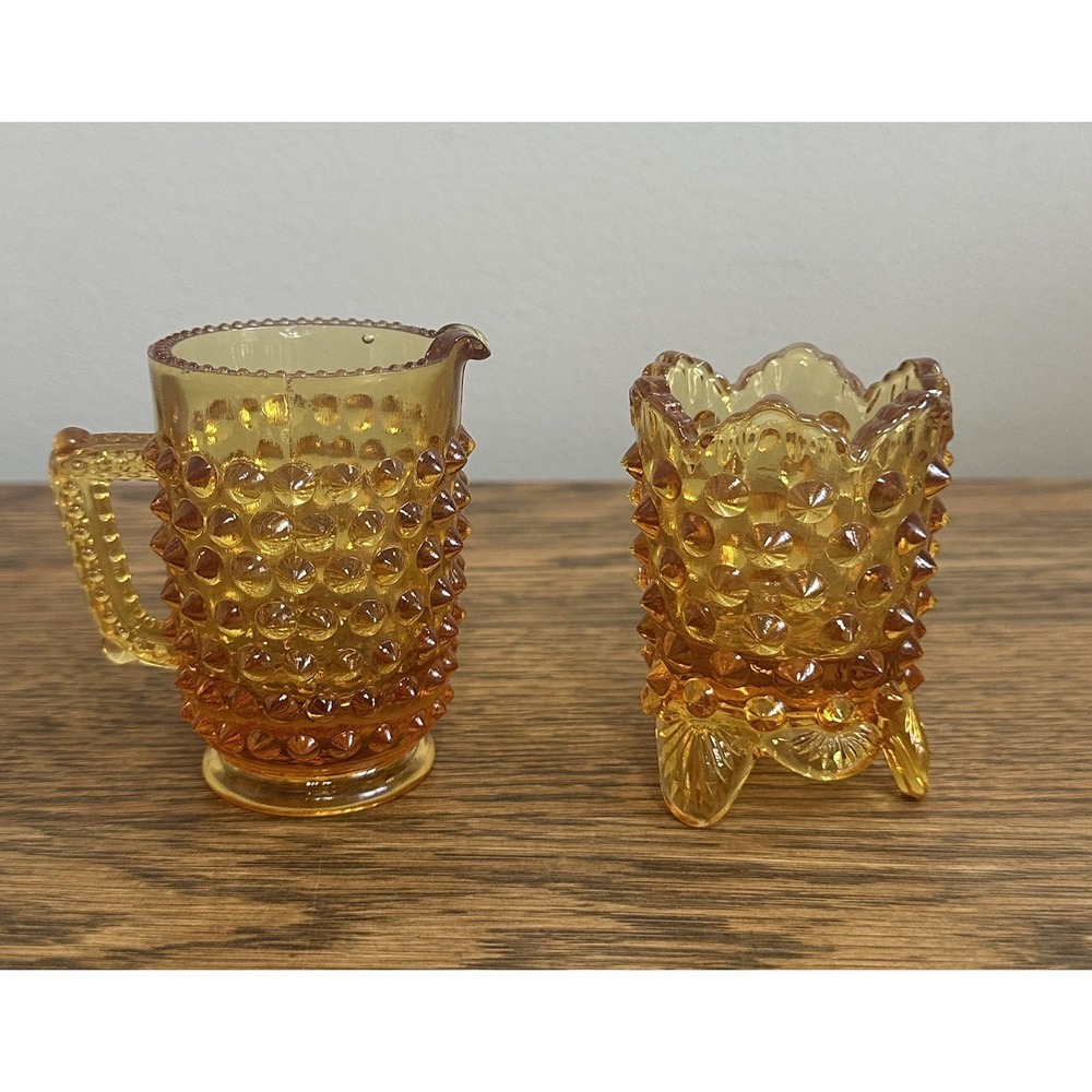 Fenton Amber Hobnail Creamer And Toothpick Holder Scalloped Edge VTG‎